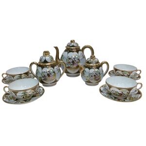 Vintage Japanese Satsuma Kutani Style Moriage Tea Set Geisha Hand Painted Gilt